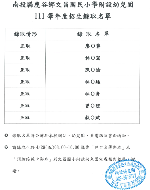 南投縣鹿谷鄉文昌國民小學附設幼兒園111學年度招生公告